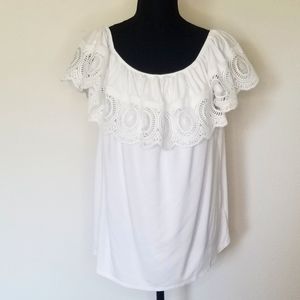 Adrianna Papell Top white sleeveless lace ruffle peasant flounce Cottagecore L
